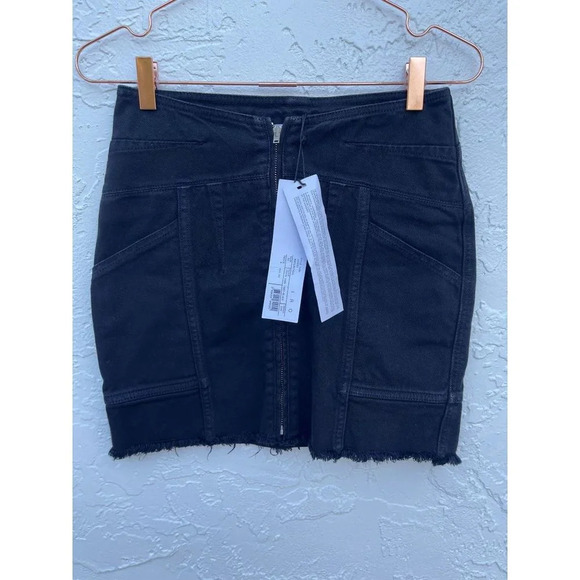 NWT IRO Binda Womens Front Zip Frayed Denim Mini Skirt Black Sz 34 - Picture 3 of 11